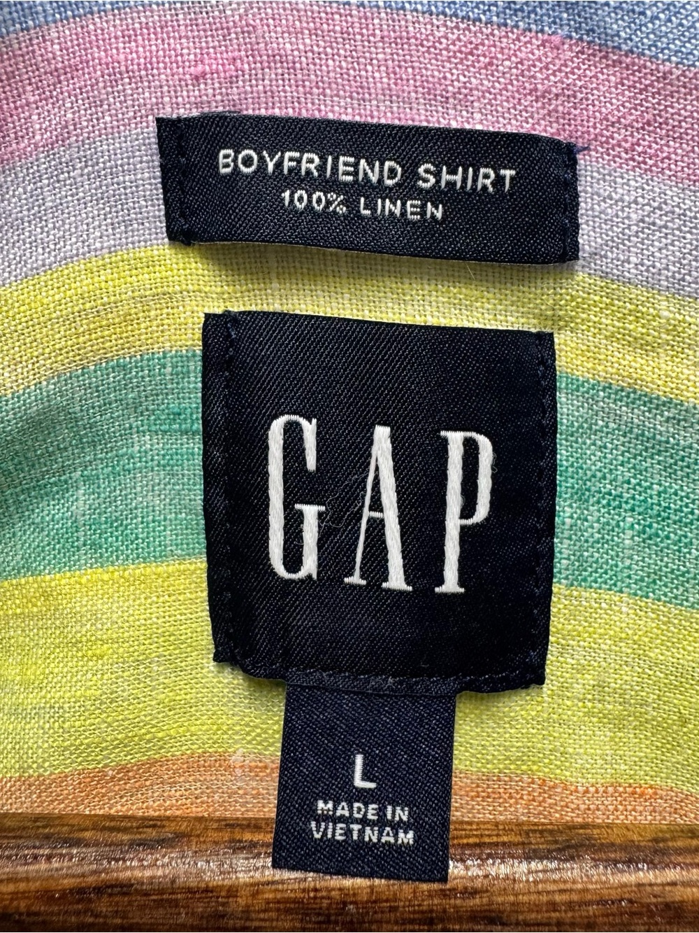 GAP Boyfriend Shirt Linen Stripe Button Up Top Sz L Coastal Beach Colorful - Picture 9 of 10